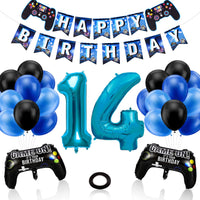 1 x RAW Customer Returns Birthday Decoration Boys 14 Years, Gamer Decoration Birthday, Game Controller Balloons Happy Birthday Garland Banner Black Blue Balloons for Children Video Game Theme Party Accessories Blue 14  - RRP €10.07