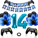 1 x RAW Customer Returns Birthday Decoration Boys 14 Years, Gamer Decoration Birthday, Game Controller Balloons Happy Birthday Garland Banner Black Blue Balloons for Children Video Game Theme Party Accessories Blue 14  - RRP €10.07