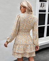 1 x RAW Customer Returns BebreezChic Women s Short Floral Dress High Neck Long Sleeve Pleated High Waist Elegant Vintage Autumn Summer Dress, Beige M - RRP €39.31