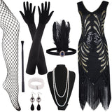 1 x RAW Customer Returns ELECLAND 1920s V-neck Sequin Beaded Fringe Dress with 20s Accessories Set Black, Small  - RRP €37.89