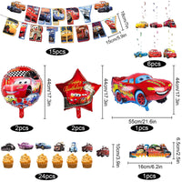 15 x Brand New GENGUTOR 38 pieces car birthday decorations, 5 car foil balloons, 24 cars cake decorations, 6 hanging spins, car decoration birthday, happy birthday banner, birthday decoration cars boys - RRP €135.9