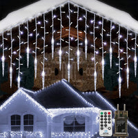 1 x RAW Customer Returns Geemoo Outdoor Christmas Curtain Lights, 9M 360 LED Curtain Lights with Icicle, Garland Lights with Remote Control, White Christmas Lights, 8 Lighting Models, Extendable - RRP €31.33