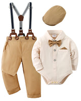 1 x RAW Customer Returns Amissz Baby Outfit for Ceremony, Baby Newborns 3 Piece Baptism Clothing Set Wedding Baby Tuxedo Shirt with Bow Tie Suspenders Trousers Beige Caps 0-3 Months - RRP €40.99