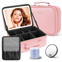 1 x RAW Customer Returns Travel Beauty Case with LED Mirror, Portable Cosmetic Organizer with Adjustable Divider Compartments, Pink, Fashion - RRP €52.99