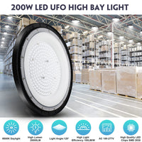 2 x RAW Customer Returns CheDux 200W UFO High Bay Warehouse Light, 20000LM Indoor Floodlight, 6500K Ultra-Thin UFO Industrial Led, IP65 Industrial Workshop Room Lighting Lamp for Garage, Factory, Workshop, Gym - RRP €98.48