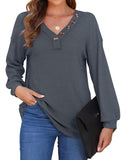 1 x Brand New WNEEDU Pullover Women s Blouses Long Sleeve V-Neck Shirts Casual Waffle Knit Tops Tunic Tops with Decorative Buttons Dark Gray 2XL - RRP €20.92