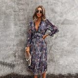 1 x RAW Customer Returns ZIYYOOHY Women s Long Dress Chiffon Ruffles with Deep V-Neck Floral Print Summer Dress Cocktail Dress Party Dress Maxi Dress Beach Dress Blouse Dress Long Sleeve 3055-Navy Blue, XL  - RRP €30.24