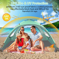 1 x RAW Customer Returns MoopGou beach tent, portable beach tent for 2-4 people, baby beach tent with UV protection 50 , beach tent with 3 ventilated windows, quick assembly, easy to carry umbrella beach tent - RRP €40.33