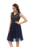 1 x Brand New Gardenwed sequin dress women elegant V-neck festive glitter dress tulle dress party youth consecration dress cocktail dress navy M - RRP €46.38