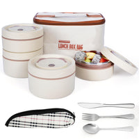 1 x RAW Customer Returns BELLE VOUS 5-Piece Portable Insulated Lunch Box Set with Cutlery - 4 Stainless Steel Thermal Food Containers - Stackable and Leakproof - Thermal Lunch Box for Adults - Beige - RRP €28.84