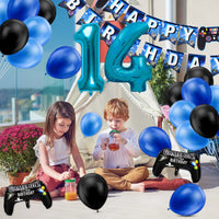 1 x RAW Customer Returns Birthday Decoration Boys 14 Years, Gamer Decoration Birthday, Game Controller Balloons Happy Birthday Garland Banner Black Blue Balloons for Children Video Game Theme Party Accessories Blue 14  - RRP €10.07