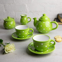 1 x Brand New City to Cottage - Ceramic Tea Coffee Set for 2 Green and White Polka Dots Handmade Ceramic Teapot Coffee Pot 750 ml, Milk Jug, Sugar Bowl, 2 Cups with Saucers - RRP €69.99