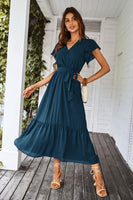 1 x RAW Customer Returns Awemeal Dress Women Summer Elegant V-Neck Short Sleeve Long Summer Dress Boho Floral Dress with Belt Ruffle Hem Wrap Dress Beach Dress A Line Flowing Maxi Dress XL, Lake Blue  - RRP €39.99