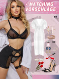 1 x Brand New popiv women s lingerie set underwear, sexy suspenders lingerie set with suspenders, 4-piece bra and G-string, fishnet lingerie set - RRP €27.6