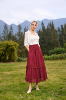 1 x RAW Customer Returns Womens Victorian Skirt Ruffle Patchwork Elastic Waist Tiered Retro Swing Skirt Red Wine S - RRP €44.48