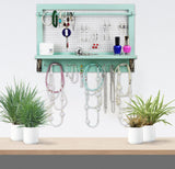 1 x RAW Customer Returns Spiretro Wall Mount Jewelry Storage, Wooden Jewelry Organizer Holder with Hook Shelf Rod Hanging Earrings Necklaces Bracelets Rings Storage Accessories Turquoise Shabby Chic Turquoise - RRP €44.09