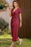 1 x RAW Customer Returns OUGES Jumpsuit Women Summer Elegant Overall Long Playsuit Short Sleeve Casual Trouser Suit with Pockets Wine Red, L  - RRP €39.31