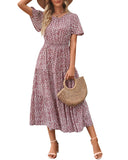 1 x RAW Customer Returns Women Summer Round Neck Ruffles Short Sleeve Boho Long Dress A Line High Waist Floral Maxi Dress Tiered Summer Dress Dresses Beach Dress 2023, Pink, S - RRP €33.26