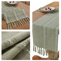 14 x Brand New Aspthoyu Table Runner Green with Handmade Tassels Polyester Table Runner Boho Vintage Table Decoration for Party Kitchen Wedding 33 x 240 cm - RRP €278.88