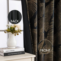 1 x RAW Customer Returns MIULEE velvet curtain with gold foil leaves pattern, set of 2 curtains velvet black with back loops and rod pocket, thick curtain opaque velvet curtains for bedroom, each H 225 XW 140cm - RRP €45.99