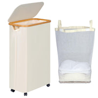 1 x RAW Customer Returns efluky Laundry Basket with Wheels, 75L Foldable Laundry Hamper with Lid, Beige Slim Laundry Bin with Bamboo Handles and Removable Bag for Bedroom, Bathroom, Laundry Room - RRP €31.3