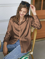 1 x RAW Customer Returns Beyove Women s Blouse Satin Silk Elegant V-Neck Shirts Long Sleeve Casual Work Tops with Buttons Shirt Loose Long Sleeve Shirt Brown M - RRP €28.22