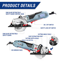 1 x RAW Customer Returns WORKPRO Circular Saw, Mini Circular Saw 750W, 4700 RPM, Cutting Depth 45 mm 90 , 28 mm 45 , with 2 Blades 120 mm and 115 mm , for Wood, Plastic, Soft Metal and Tiles - RRP €68.84