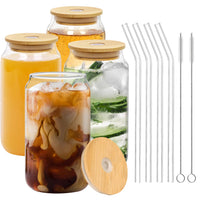 1 x RAW Customer Returns Winter Shore 500 ml Glass Tumbler with Lid and Straw 4-Pack - Reusable Drinking Glass with Bamboo Lid - 4 Glass Straws, 2 Brushes - Can Shape Glasses for Iced Coffee, Tea, Boba - RRP €23.18