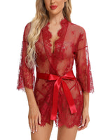 1 x Brand New BESDEL Women s Lace Kimono with Eyelashes Babydoll Lingerie Long Sleeve Mesh Nightgown with Thong Wine Red L - RRP €24.0