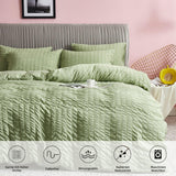 1 x RAW Customer Returns Freyamy Seersucker Bed Linen 200x200cm 3-piece Green Embossed Stripes Structured Bedding Sets Plain Brushed Microfiber Soft Duvet Cover with Zipper and 2 Pillowcases 80x80cm - RRP €35.36