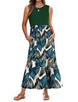 1 x RAW Customer Returns AUSELILY Beach Dress Women s Long Summer Dress Sleeveless Maxi Dress Women s Summer Long Round Neck Tank Top Dresses Light and Airy with Pockets Leaf Print Green L - RRP €29.99