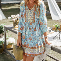 1 x RAW Customer Returns Bellezasourire Women s Tunic Dress 3 4 Sleeve V Neck Button Front Fringe Floral Print Boho Dress Women L, Blue  - RRP €26.21