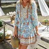 1 x RAW Customer Returns Bellezasourire Women s Tunic Dress 3 4 Sleeve V Neck Button Front Fringe Floral Print Boho Dress Women L, Blue  - RRP €26.21