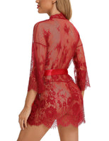 1 x Brand New BESDEL Women s Lace Kimono with Eyelashes Babydoll Lingerie Long Sleeve Mesh Nightgown with Thong Wine Red L - RRP €24.0