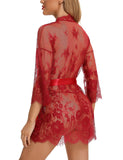 1 x Brand New BESDEL Women s Lace Kimono with Eyelashes Babydoll Lingerie Long Sleeve Mesh Nightgown with Thong Wine Red L - RRP €24.0