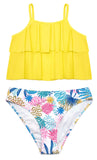 1 x Brand New SHEKINI Girls 2 Piece Bikini Set Double Layers Flounce Swimwear Low Waist Bikini Bottom Cute Floral Swimwear Hawaii Tankini Lemon Yellow, 6-8 Years  - RRP €22.36