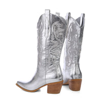 1 x RAW Customer Returns ErikenUrben Women s Metallic Cowboy Boots Embroidered Western Boots Sparkly Half Shaft Boots Pointed Toe Cowgirl Boots Pull on Silver Size 12 - RRP €57.13