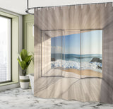 1 x RAW Customer Returns ABAKUHAUS Ocean Shower Curtain, Overlooking Sea Waves Rock, Textile Bathroom Decor Set with Hooks, 79 x 87 , Beige Blue White - RRP €28.19