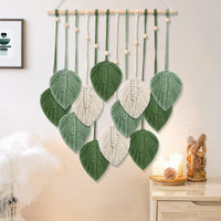 1 x RAW Customer Returns ASMPCUE Macrame Wall Hanging Boho Decoration, Handmade Tapestry Boho Wall Decor with Wooden Beads and 12 Green Leaves Tapestry for Living Room Bedroom Children s Room Wall Decoration, 20 x 27.5 Inches Green  - RRP €19.15