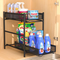 1 x RAW Customer Returns Housolution 2 Tier Under Sink Shelf Made of Metal, Extendable Under Cabinet Sink Cabinet Organizer with Sliding Drawer, Kitchen Cabinet Organizer Shelf Under Sink for Kitchen, Black - RRP €31.25