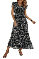 1 x RAW Customer Returns Awemeal Women s Summer Dress Elegant V-Neck Maxi Dress Print Boho Summer Long Dress Cap Sleeve Ruffle Beach Dress as3, alpha, x l, regular, regular, black  - RRP €37.3