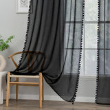 1 x Brand New MIULEE curtains with pompoms - pretty black transparent curtains for children s rooms girls, 2 pieces curtain with pompoms with rod pull-through, transparent curtain with pompoms, each H 260 x W 140cm - RRP €33.01