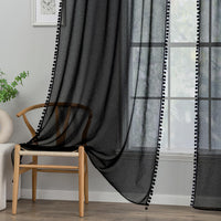 1 x Brand New MIULEE curtains with pompoms - pretty black transparent curtains for children s rooms girls, 2 pieces curtain with pompoms with rod pull-through, transparent curtain with pompoms, each H 245 x W 140cm - RRP €31.75