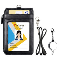 1 x RAW Customer Returns Teskyer Badge Holder, PU Leather Neck Badge Holder, with Retractable Lanyard, Zipper Pocket, 4 Card Slots, 1 Clear ID Window, Badge Holder for Work, School, Black - RRP €9.14