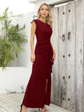 1 x RAW Customer Returns Missufe Bodycon Cocktail Wedding Formal Ball Gown Women Maxi Evening Dresses Cap Sleeve Ruffle Slit Mermaid Dress Burgundy, X-Large  - RRP €44.99