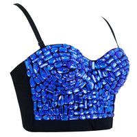 1 x RAW Customer Returns Charmian Women s Spaghetti Straps Rhinestone Beaded Push Up Bra Studded Gem Clubwear Party Bustier Crop Top Blue Medium - RRP €66.0