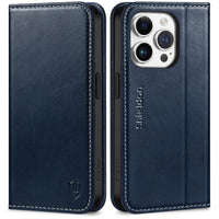 1 x RAW Customer Returns SHIELDON Case for iPhone 15 Pro, Protective Case Cowhide Leather Shockproof Card Slot Magnetic Closure Stand RFID Blocker Phone Cover Compatible with iPhone 15 Pro 6.1 - Retro Dark Blue - RRP €30.99