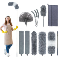 1 x RAW Customer Returns bemece 11 pieces telescopic feather duster washable, long extendable up to 250 cm, telescopic feather duster set for cleaning ceilings, gaps, cobwebs - gray - RRP €18.14