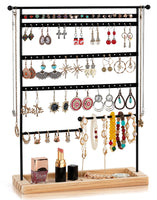 1 x RAW Customer Returns QILICZ jewelry stand earring stand 80 holes earring holder, 7 tier jewelry holder earring organizer and necklace stand with wooden storage, earring display - 37x31cm black - RRP €20.16