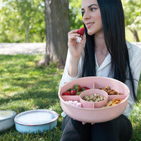 1 x RAW Customer Returns Bugucat snack plate with 5 compartments, snack bowl with transparent lid, plastic snack box fruit plate made of plastic, reusable and durable for nuts and desserts blue, pink, green  - RRP €19.15